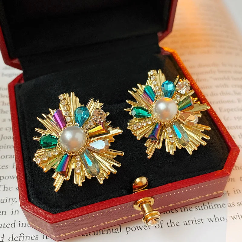 Rhinestone Flower Pearl Stud