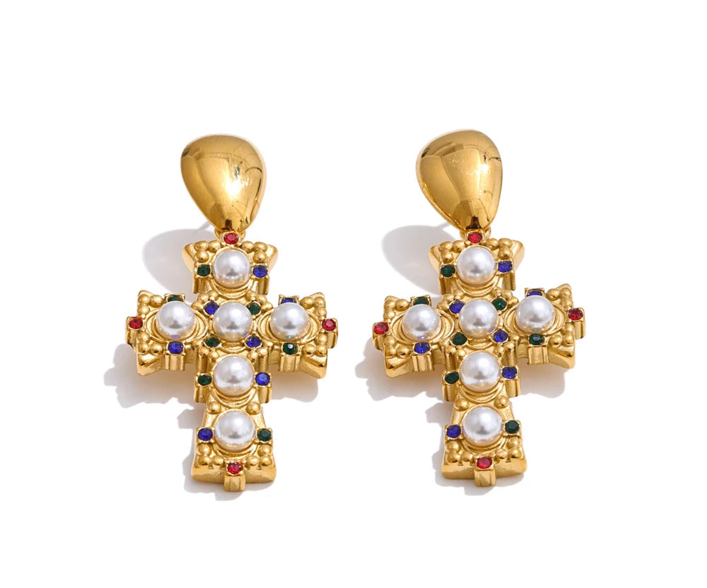 18K Gold Stainless Steel Cross Drop Earrings