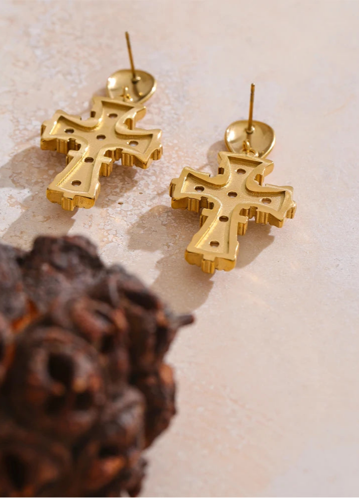 18K Gold Stainless Steel Cross Drop Earrings