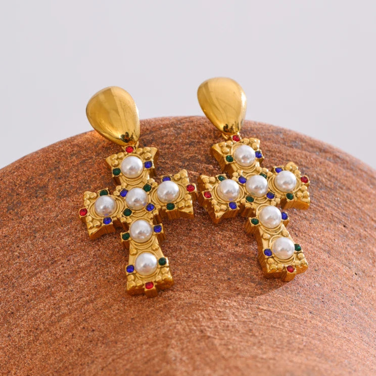 18K Gold Stainless Steel Cross Drop Earrings