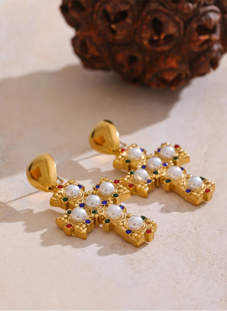 18K Gold Stainless Steel Cross Drop Earrings