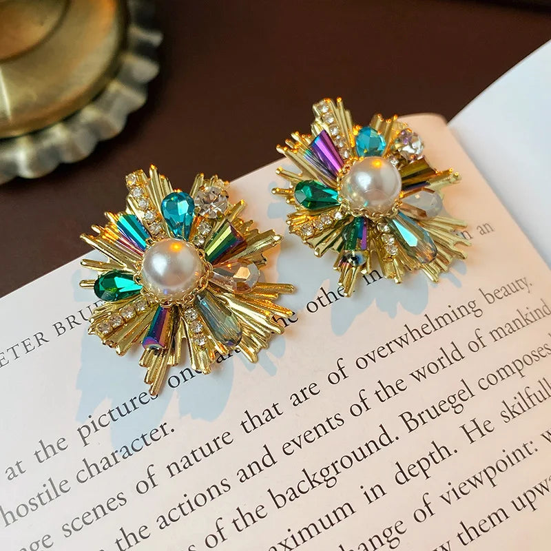 Rhinestone Flower Pearl Stud