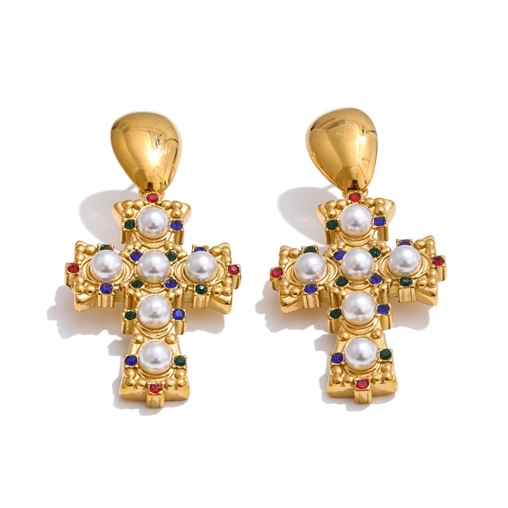 18K Gold Stainless Steel Cross Drop Earrings